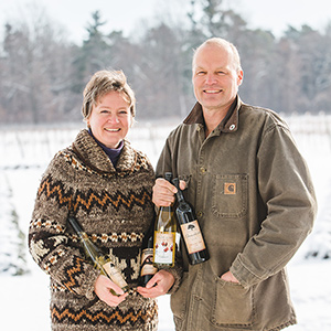 Steve & Anita in the winter with wine
